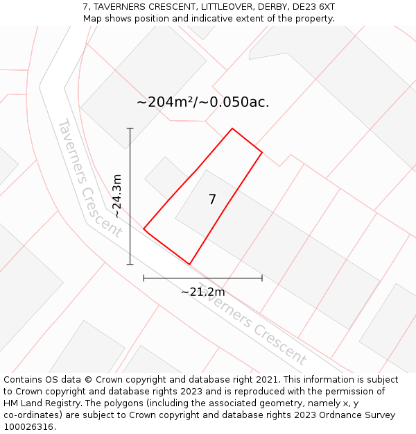 7, TAVERNERS CRESCENT, LITTLEOVER, DERBY, DE23 6XT: Plot and title map