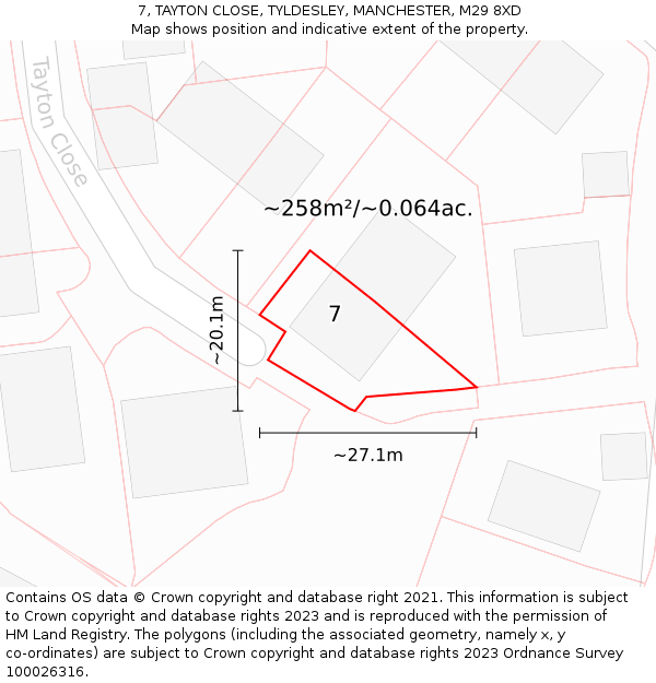 7, TAYTON CLOSE, TYLDESLEY, MANCHESTER, M29 8XD: Plot and title map