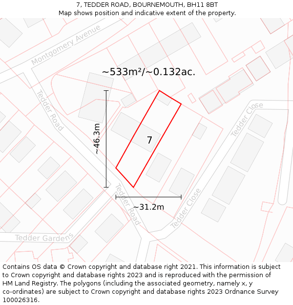 7, TEDDER ROAD, BOURNEMOUTH, BH11 8BT: Plot and title map