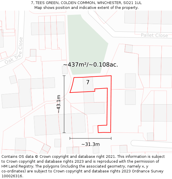 7, TEES GREEN, COLDEN COMMON, WINCHESTER, SO21 1UL: Plot and title map