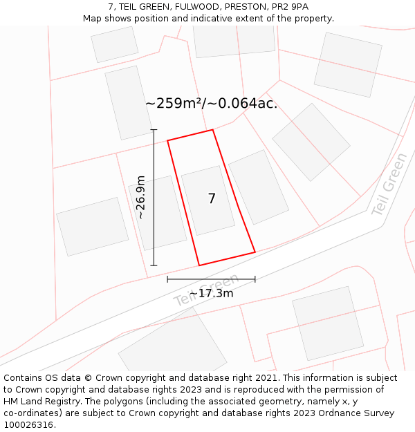 7, TEIL GREEN, FULWOOD, PRESTON, PR2 9PA: Plot and title map