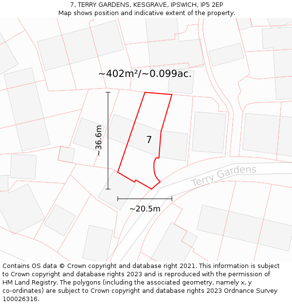 7, TERRY GARDENS, KESGRAVE, IPSWICH, IP5 2EP: Plot and title map