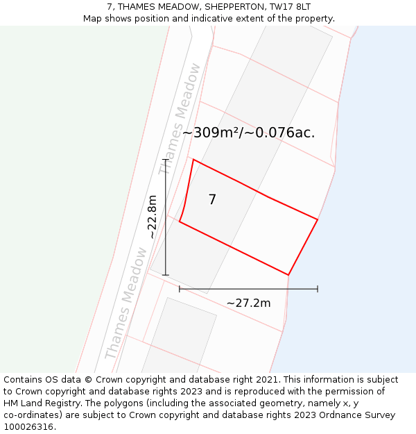 7, THAMES MEADOW, SHEPPERTON, TW17 8LT: Plot and title map