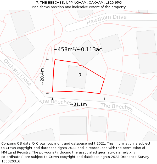 7, THE BEECHES, UPPINGHAM, OAKHAM, LE15 9PG: Plot and title map