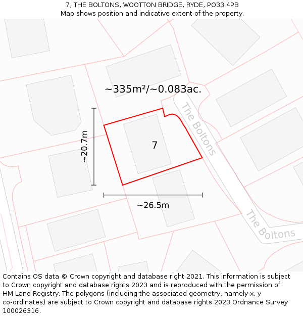 7, THE BOLTONS, WOOTTON BRIDGE, RYDE, PO33 4PB: Plot and title map