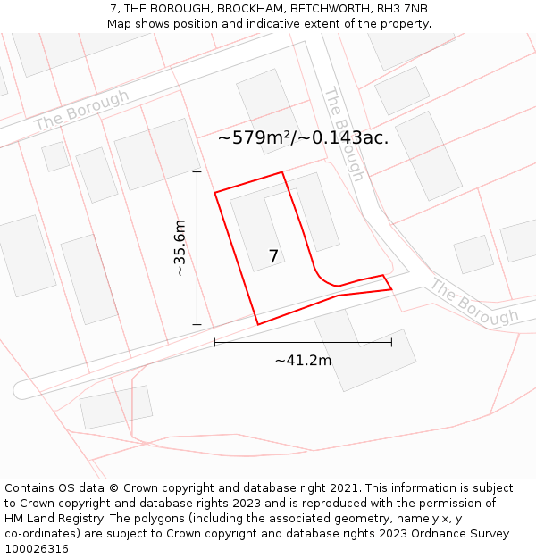 7, THE BOROUGH, BROCKHAM, BETCHWORTH, RH3 7NB: Plot and title map