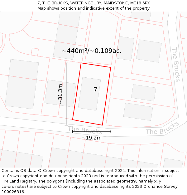 7, THE BRUCKS, WATERINGBURY, MAIDSTONE, ME18 5PX: Plot and title map