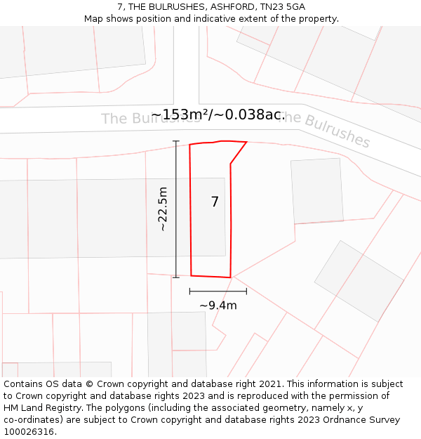 7, THE BULRUSHES, ASHFORD, TN23 5GA: Plot and title map