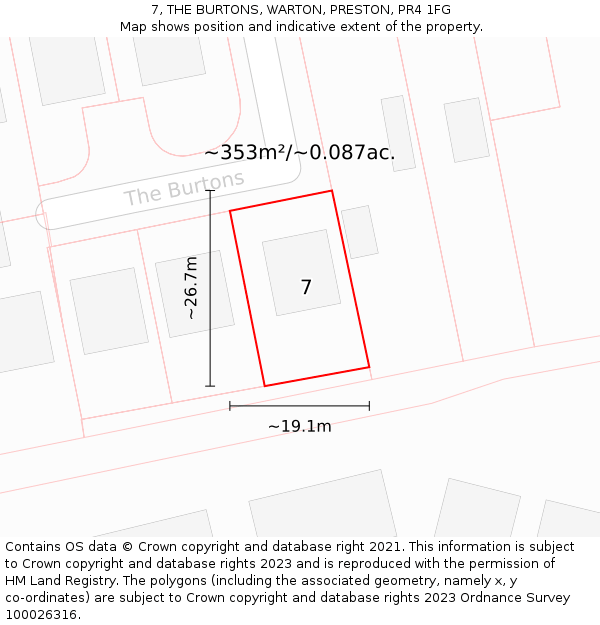 7, THE BURTONS, WARTON, PRESTON, PR4 1FG: Plot and title map