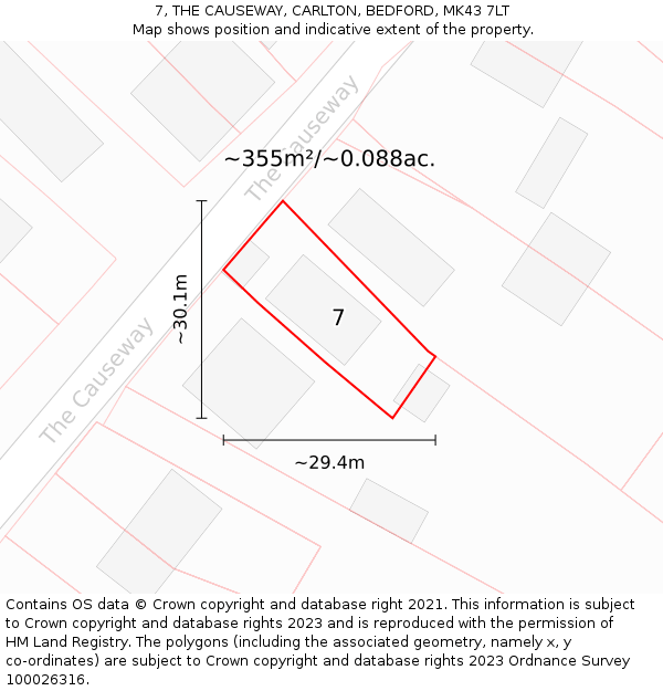 7, THE CAUSEWAY, CARLTON, BEDFORD, MK43 7LT: Plot and title map