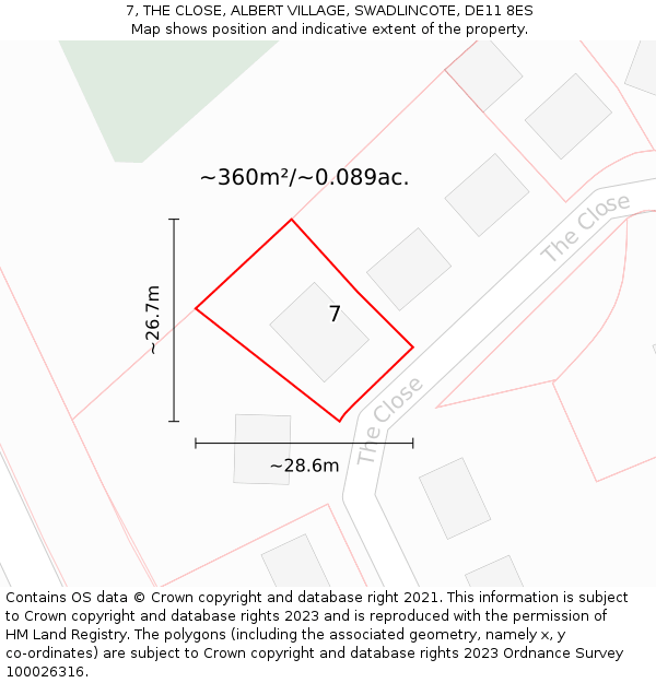 7, THE CLOSE, ALBERT VILLAGE, SWADLINCOTE, DE11 8ES: Plot and title map