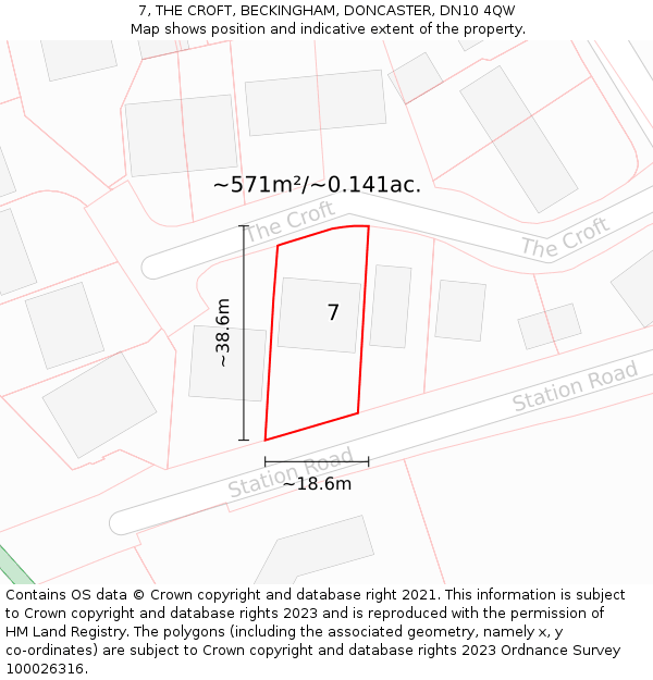 7, THE CROFT, BECKINGHAM, DONCASTER, DN10 4QW: Plot and title map