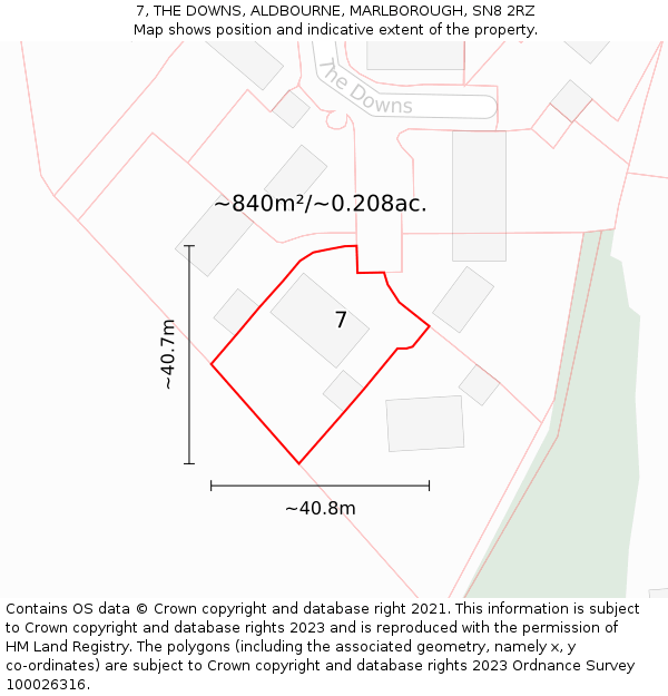 7, THE DOWNS, ALDBOURNE, MARLBOROUGH, SN8 2RZ: Plot and title map