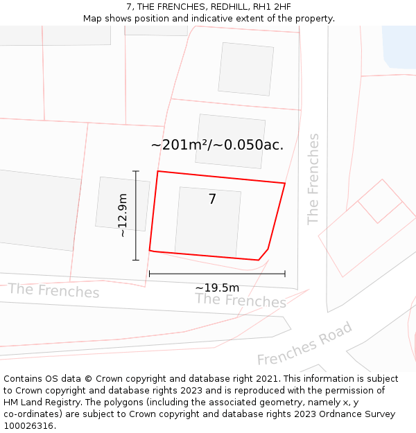 7, THE FRENCHES, REDHILL, RH1 2HF: Plot and title map