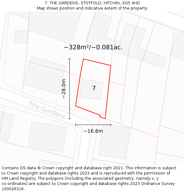 7, THE GARDENS, STOTFOLD, HITCHIN, SG5 4HD: Plot and title map