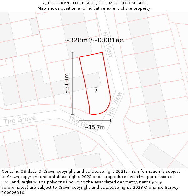 7, THE GROVE, BICKNACRE, CHELMSFORD, CM3 4XB: Plot and title map