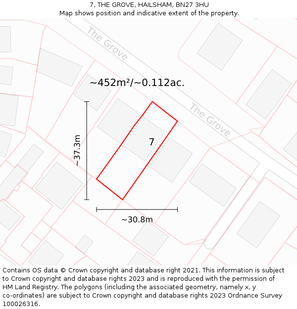 7, THE GROVE, HAILSHAM, BN27 3HU: Plot and title map