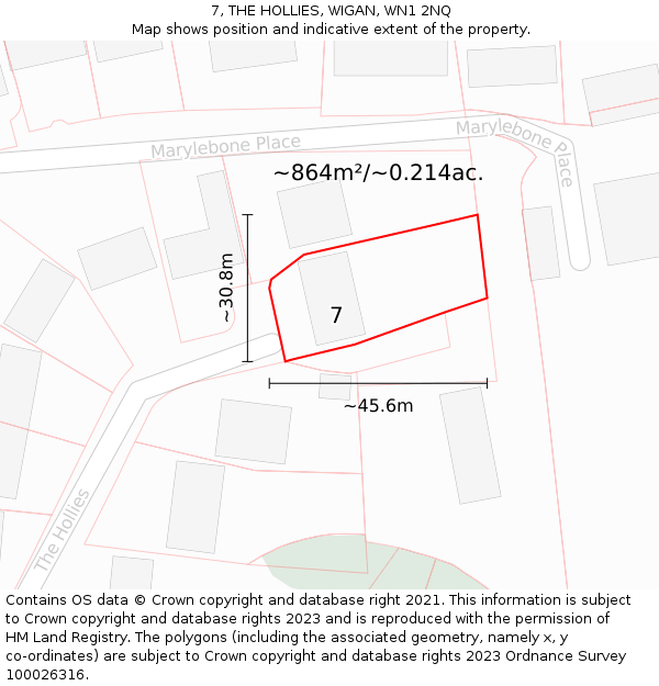 7, THE HOLLIES, WIGAN, WN1 2NQ: Plot and title map