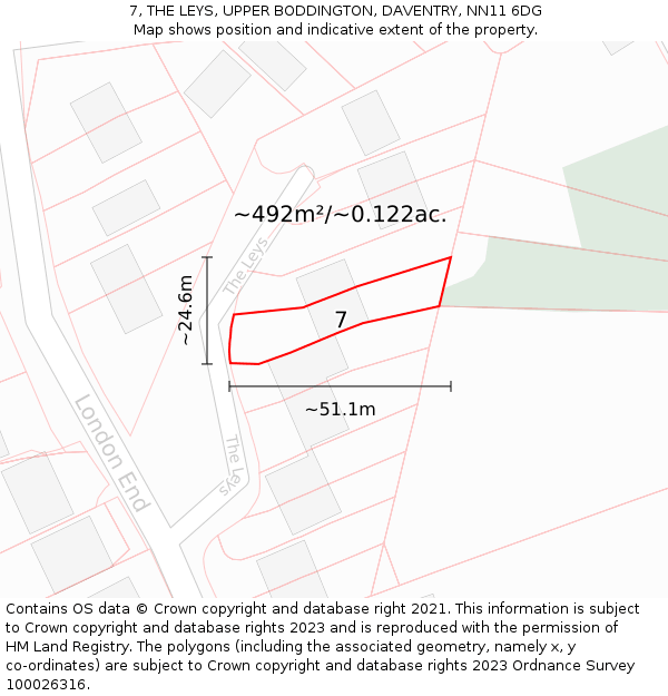 7, THE LEYS, UPPER BODDINGTON, DAVENTRY, NN11 6DG: Plot and title map