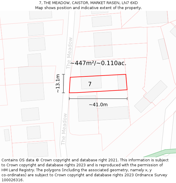 7, THE MEADOW, CAISTOR, MARKET RASEN, LN7 6XD: Plot and title map