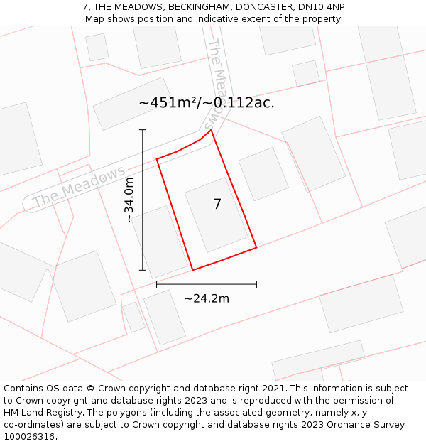 7, THE MEADOWS, BECKINGHAM, DONCASTER, DN10 4NP: Plot and title map