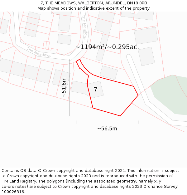 7, THE MEADOWS, WALBERTON, ARUNDEL, BN18 0PB: Plot and title map