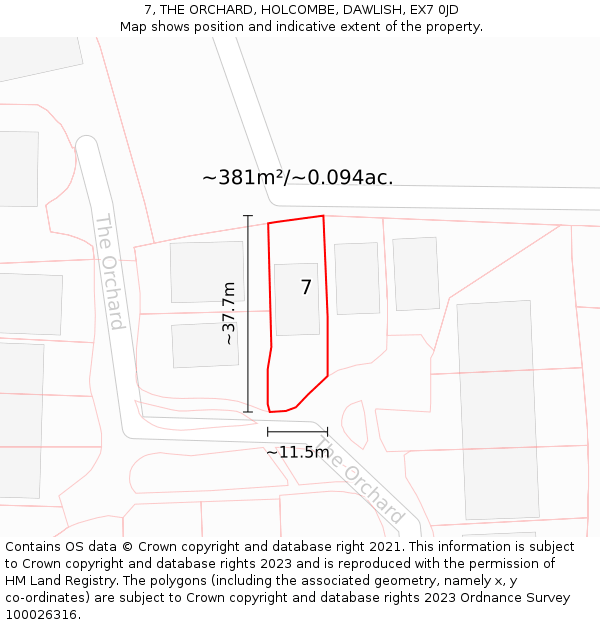 7, THE ORCHARD, HOLCOMBE, DAWLISH, EX7 0JD: Plot and title map