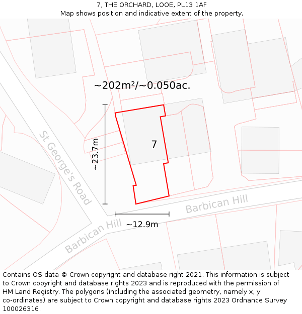 7, THE ORCHARD, LOOE, PL13 1AF: Plot and title map