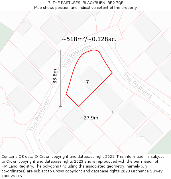7, THE PASTURES, BLACKBURN, BB2 7QR: Plot and title map