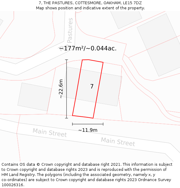 7, THE PASTURES, COTTESMORE, OAKHAM, LE15 7DZ: Plot and title map