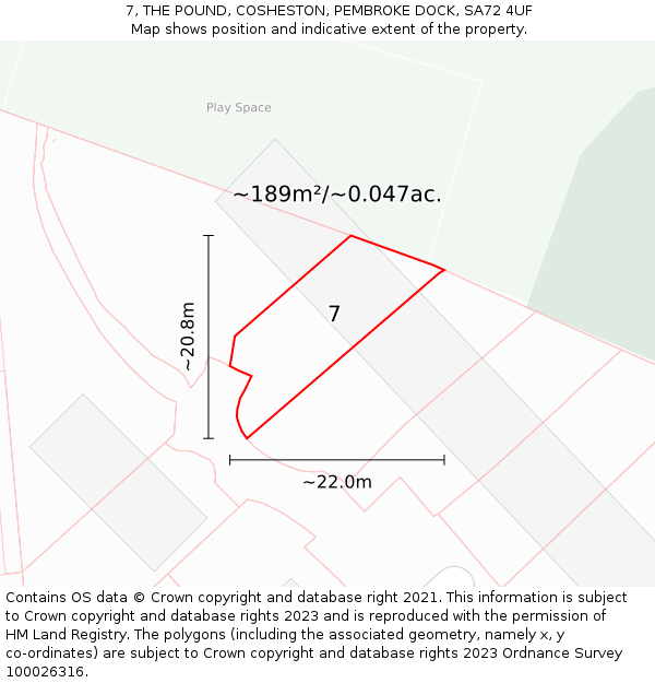 7, THE POUND, COSHESTON, PEMBROKE DOCK, SA72 4UF: Plot and title map