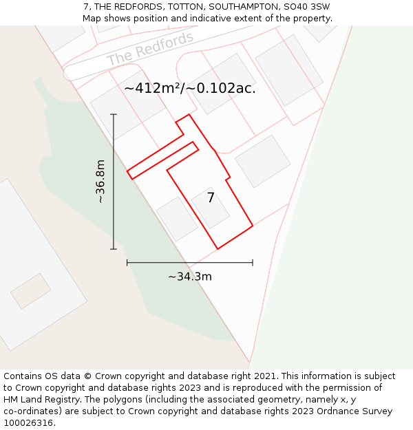 7, THE REDFORDS, TOTTON, SOUTHAMPTON, SO40 3SW: Plot and title map