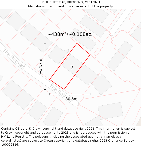 7, THE RETREAT, BRIDGEND, CF31 3NU: Plot and title map