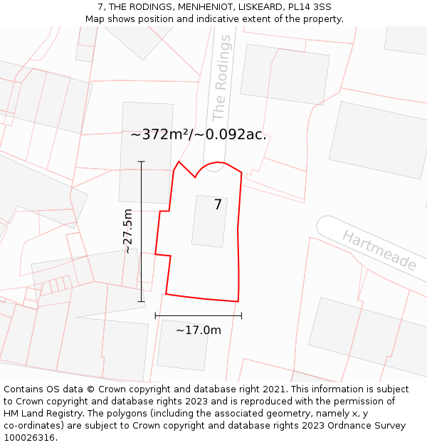 7, THE RODINGS, MENHENIOT, LISKEARD, PL14 3SS: Plot and title map