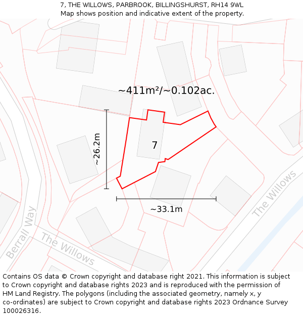 7, THE WILLOWS, PARBROOK, BILLINGSHURST, RH14 9WL: Plot and title map