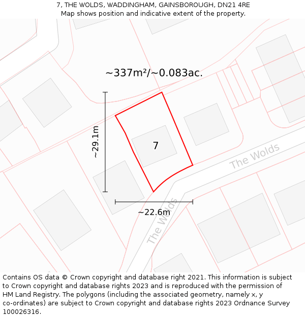 7, THE WOLDS, WADDINGHAM, GAINSBOROUGH, DN21 4RE: Plot and title map