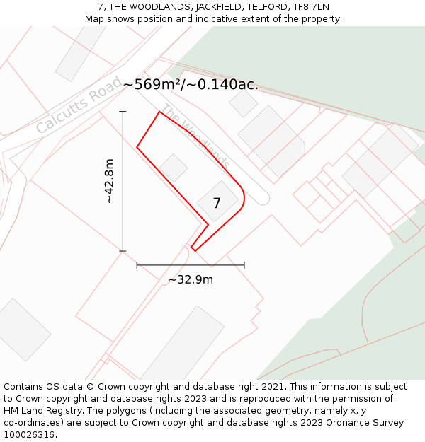 7, THE WOODLANDS, JACKFIELD, TELFORD, TF8 7LN: Plot and title map