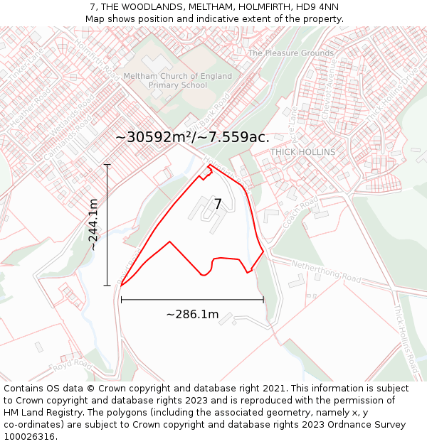 7, THE WOODLANDS, MELTHAM, HOLMFIRTH, HD9 4NN: Plot and title map