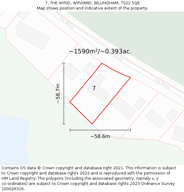 7, THE WYND, WYNYARD, BILLINGHAM, TS22 5QE: Plot and title map