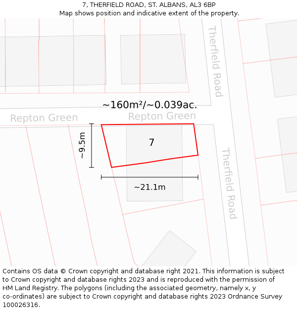 7, THERFIELD ROAD, ST. ALBANS, AL3 6BP: Plot and title map