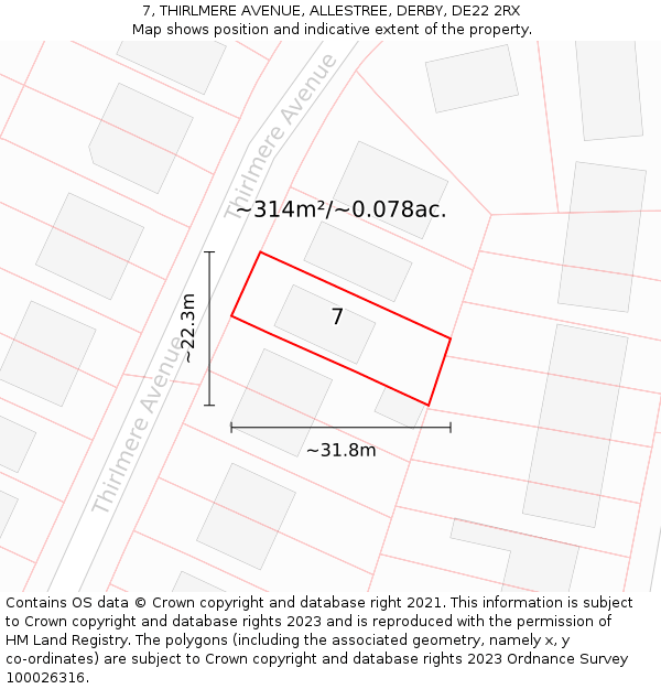 7, THIRLMERE AVENUE, ALLESTREE, DERBY, DE22 2RX: Plot and title map