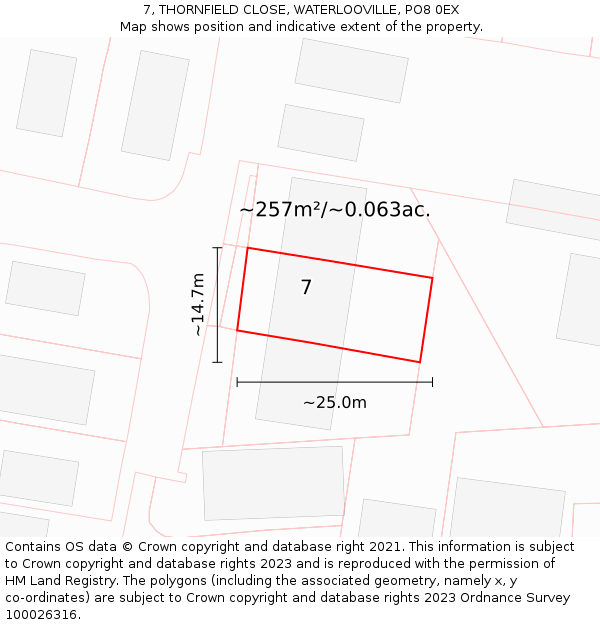 7, THORNFIELD CLOSE, WATERLOOVILLE, PO8 0EX: Plot and title map