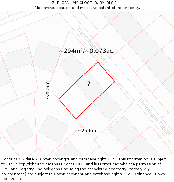 7, THORNHAM CLOSE, BURY, BL8 1HH: Plot and title map