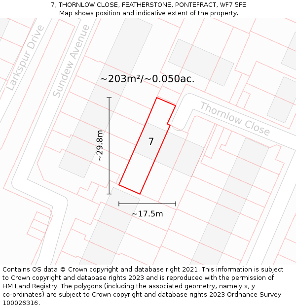 7, THORNLOW CLOSE, FEATHERSTONE, PONTEFRACT, WF7 5FE: Plot and title map