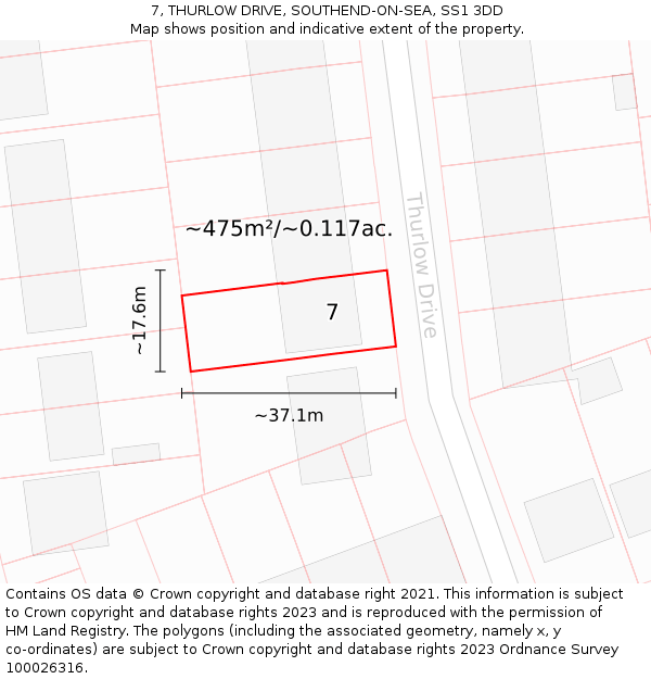 7, THURLOW DRIVE, SOUTHEND-ON-SEA, SS1 3DD: Plot and title map