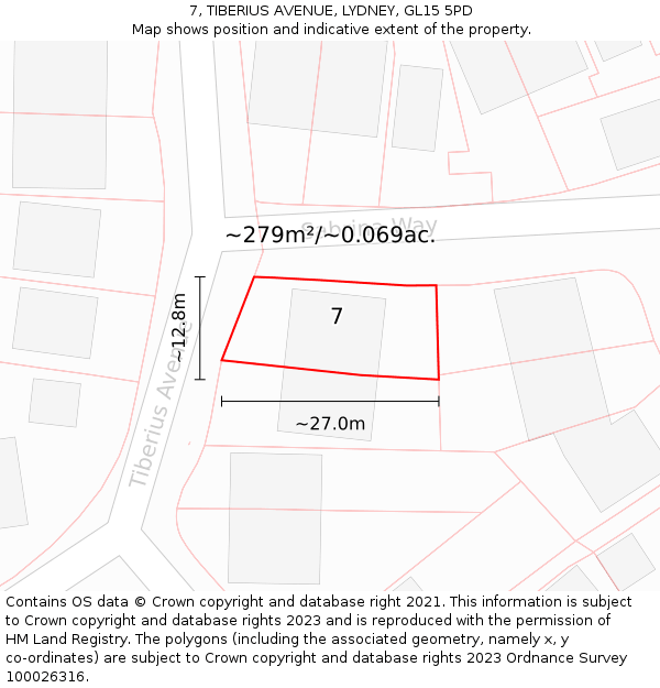 7, TIBERIUS AVENUE, LYDNEY, GL15 5PD: Plot and title map