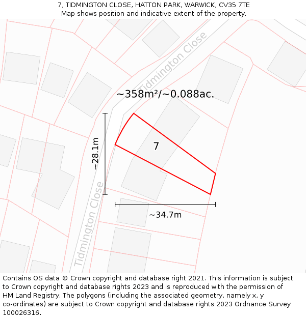 7, TIDMINGTON CLOSE, HATTON PARK, WARWICK, CV35 7TE: Plot and title map