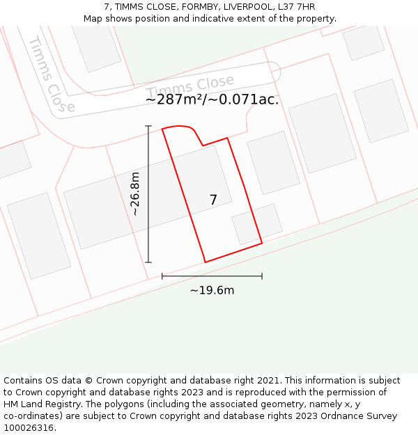 7, TIMMS CLOSE, FORMBY, LIVERPOOL, L37 7HR: Plot and title map