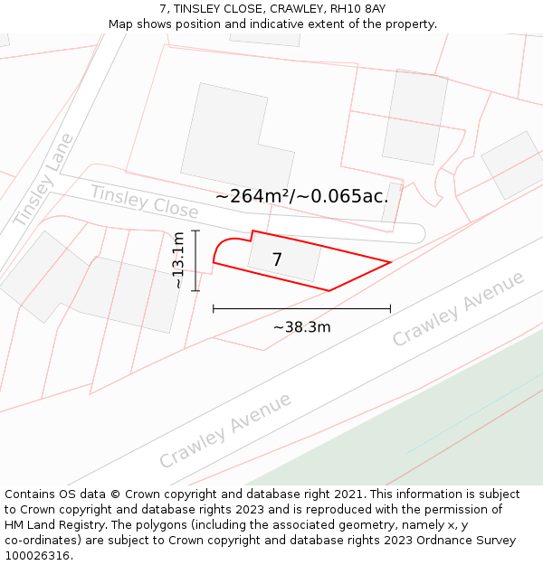 7, TINSLEY CLOSE, CRAWLEY, RH10 8AY: Plot and title map