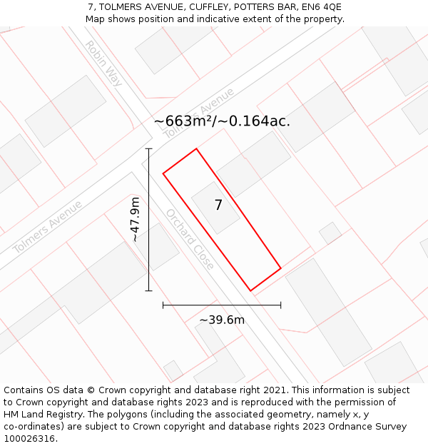 7, TOLMERS AVENUE, CUFFLEY, POTTERS BAR, EN6 4QE: Plot and title map